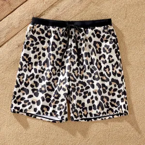 Family Matching Leopard Pattern Drawstring Swim Trunks or Ruffle Neck Two-Piece Bikini with Optional Cover Up Sarong Skirt #1322887