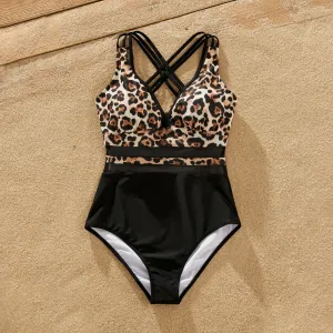 Family Matching Leopard Printed Swim Trunks or One-Piece Cross Back Splicing Swimsuit #1321176