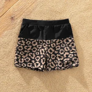 Family Matching Leopard Splice Black Swim Trunks Shorts and One Shoulder Self Tie One-Piece Swimsuit #198039
