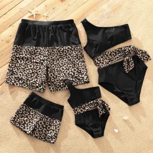 Family Matching Leopard Splice Black Swim Trunks Shorts and One Shoulder Self Tie One-Piece Swimsuit #198044