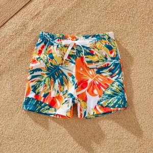 Family Matching Orange and All Over Tropical Plant Print Splicing Ruffle One-Piece Swimsuit and Swim Trunks Shorts #769257