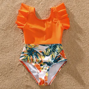 Family Matching Orange and All Over Tropical Plant Print Splicing Ruffle One-Piece Swimsuit and Swim Trunks Shorts #769261
