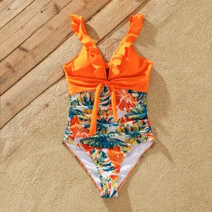 Family Matching Orange and All Over Tropical Plant Print Splicing Ruffle One-Piece Swimsuit and Swim Trunks Shorts #769266