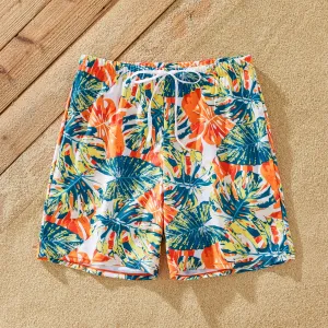 Family Matching Orange and All Over Tropical Plant Print Splicing Ruffle One-Piece Swimsuit and Swim Trunks Shorts #769270