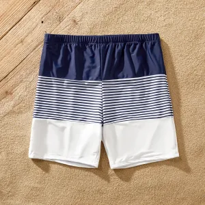 Family Matching Pinstriped Colorblock One Shoulder One-piece Swimsuit or Swim Trunks Shorts #920034