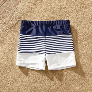 Family Matching Pinstriped Colorblock One Shoulder One-piece Swimsuit or Swim Trunks Shorts #920042
