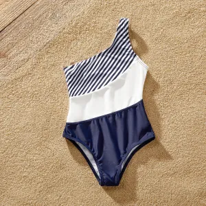 Family Matching Pinstriped Colorblock One Shoulder One-piece Swimsuit or Swim Trunks Shorts #920046
