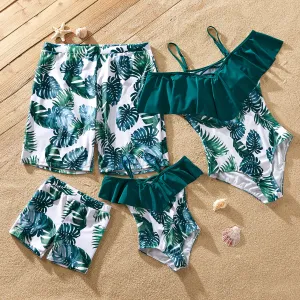 Family Matching Plant Print Ruffled One Piece Swimsuit or Swim Trunks Shorts #916253