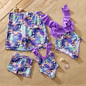 Family Matching Plant Print Ruffled One-piece Swimsuit or Swim Trunks Shorts #925203