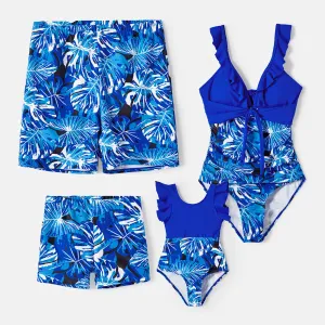 Family Matching Floral Drawstring Swim Trunks or Blue V Neck One-Piece Swimsuit (Quick-Dry) #723153