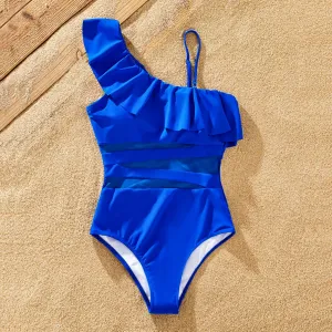 Family Matching Ruffle One-Shoulder Detachable Strap Asymmetrical Swimsuit or Letter Printed Drawstring Swim Trunks #1321810
