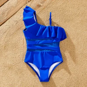 Family Matching Ruffle One-Shoulder Detachable Strap Asymmetrical Swimsuit or Letter Printed Drawstring Swim Trunks #1321819