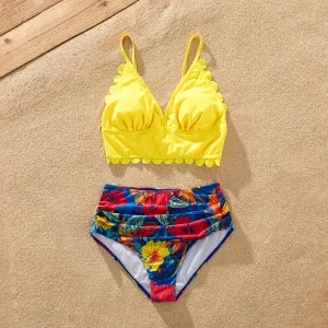 Family Matching Solid Scallop Trim Strappy Two-piece Swimsuit or Allover Floral Print Swim Trunks Shorts #854193