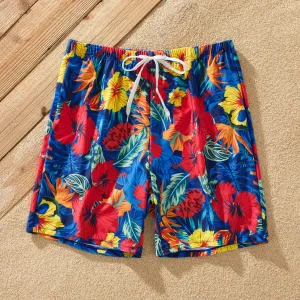 Family Matching Solid Scallop Trim Strappy Two-piece Swimsuit or Allover Floral Print Swim Trunks Shorts #854197