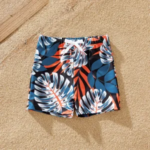 Family Matching Solid Splicing Palm Leaf Print Spaghetti Strap One-Piece Swimsuit and Swim Trunks Shorts #769223