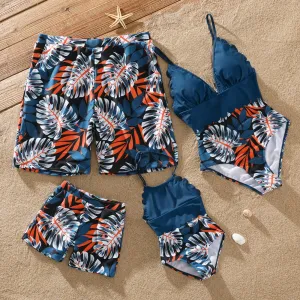 Family Matching Solid Splicing Palm Leaf Print Spaghetti Strap One-Piece Swimsuit and Swim Trunks Shorts #769224