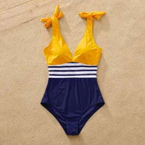 Family Matching Stripe & Colorblock Spliced One Piece Swimsuit or Swim Trunks Shorts #1035148