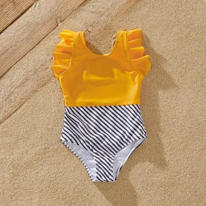 Family Matching Striped Colorblock Swim Trunks Shorts and Spaghetti Strap Splicing One-Piece Swimsuit #768982