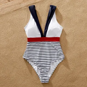 Family Matching Striped Print One-piece Swimsuit or Swim Trunks Shorts #1034611