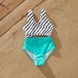 Family Matching Striped Spliced Cut Out One-piece Swimsuit and Colorblock Swim Trunks #723163