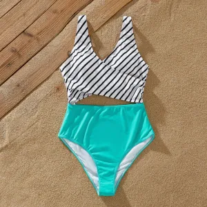 Family Matching Striped Spliced Cut Out One-piece Swimsuit and Colorblock Swim Trunks #723170