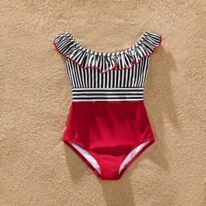 Family Matching Striped Swim Trunks Shorts and Ruffle Splicing One-Piece Swimsuit #199726