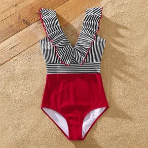 Family Matching Striped Swim Trunks Shorts and Ruffle Splicing One-Piece Swimsuit #199734