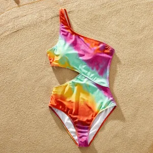 Family Matching Tie Dye Cut Out Waist One-Shoulder One-piece Swimsuit or Swim Trunks Shorts #1043819
