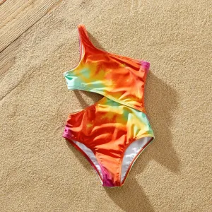 Family Matching Tie Dye Cut Out Waist One-Shoulder One-piece Swimsuit or Swim Trunks Shorts #1243630