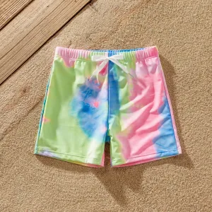 Family Matching Tie Dye V Neck Self-tie Hollow Out Spaghetti Strap One-Piece Swimsuit and Swim Trunks Shorts #200640