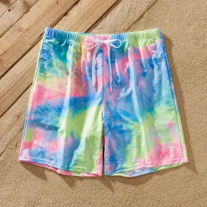 Family Matching Tie Dye V Neck Self-tie Hollow Out Spaghetti Strap One-Piece Swimsuit and Swim Trunks Shorts #200655