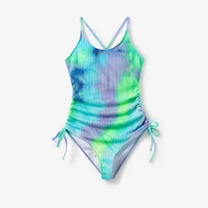 Family Matching Tie-dyed Drawstring Swim Trunks or Ruched Tie Side Cross Back Strap Swimsuit #1321137