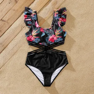 Family Matching Tropical Floral Drawstring Swim Trunks or Cross Front Flutter Sleeves One-Piece Swimsuit #1324173