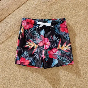 Family Matching Tropical Floral Drawstring Swim Trunks or Cross Front Flutter Sleeves One-Piece Swimsuit #1324177