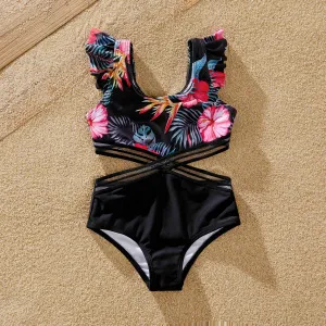 Family Matching Tropical Floral Drawstring Swim Trunks or Cross Front Flutter Sleeves One-Piece Swimsuit #1324181