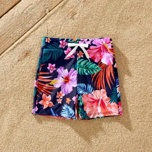 Family Matching Tropical Floral Drawstring Swim Trunks or Ruched Drawstring Side One-Piece Strap Swimsuit #1323795
