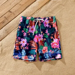 Family Matching Tropical Floral Drawstring Swim Trunks or Ruched Drawstring Side One-Piece Strap Swimsuit