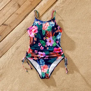Family Matching Tropical Floral Drawstring Swim Trunks or Ruched Drawstring Side One-Piece Strap Swimsuit #1323808