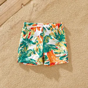 Family Matching Tropical Plant Print Ruffle-sleeve Top & Shorts Swimsuit #778629