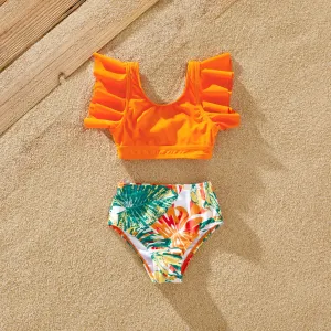 Family Matching Tropical Plant Print Ruffle-sleeve Top & Shorts Swimsuit #778634