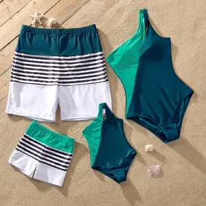 Family Matching Two Tone One-piece Swimsuit or Stripe Panel Swim Trunks Shorts #922552