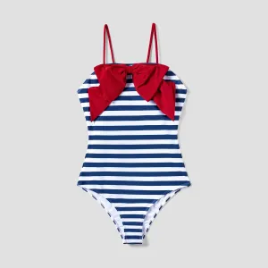 Family Matching Vertical Stripe Drawstring Swim Trunks or Bow Detail One-Piece Swimsuit #1327142