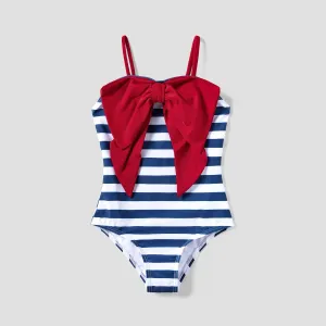 Family Matching Vertical Stripe Drawstring Swim Trunks or Bow Detail One-Piece Swimsuit #1327143