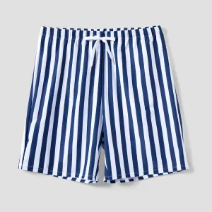 Family Matching Vertical Stripe Drawstring Swim Trunks or Bow Detail One-Piece Swimsuit #1327149