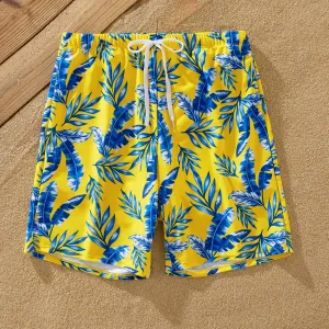 Family Matching Yellow Leaf Print Swim Trunks or Ruched Flutter Sleeve Bikini with Optional Swim Cover Up #1327748