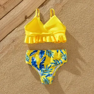 Family Matching Yellow Leaf Print Swim Trunks or Ruched Flutter Sleeve Bikini with Optional Swim Cover Up #1327749
