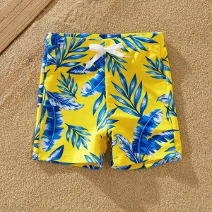 Family Matching Yellow Leaf Print Swim Trunks or Ruched Flutter Sleeve Bikini with Optional Swim Cover Up #1327753