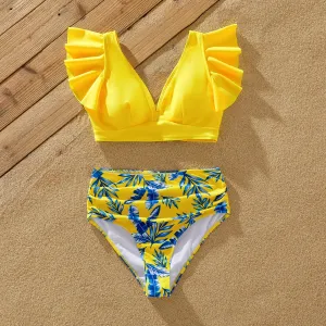 Family Matching Yellow Leaf Print Swim Trunks or Ruched Flutter Sleeve Bikini with Optional Swim Cover Up #1327755
