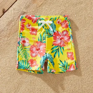 Family Matching Yellow Tropical Drawstring Swim Trunks or Flowy Ruffle Two-Piece Swimsuit