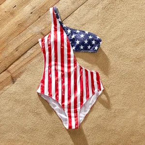 Independence Day Family Matching Star & Striped Print One Shoulder Cut Out Waist One-piece Swimsuit or Swim Trunks Shorts #882243